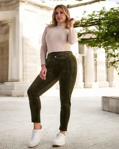 Dámské velurové tepláky v tmavě zelené barvě PLUS SIZE- Oblečení