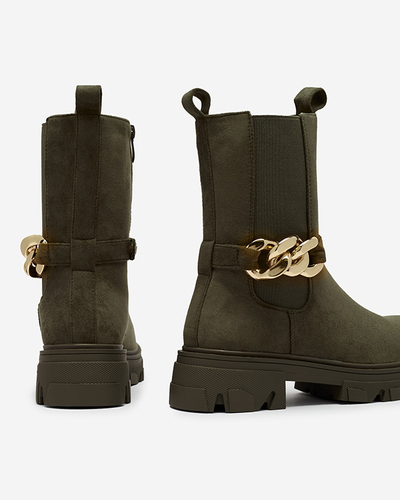 Dámské tmavě zelené kozačky z ekokůže s řetízkem Mefrika- Obuv