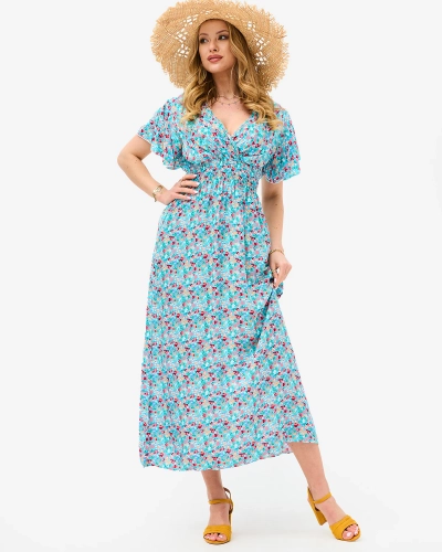 Květinově modré dámské midi šaty s obálkovým výstřihem - Oblečení