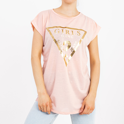 Світло-рожева жіноча футболка з золотим принтом
