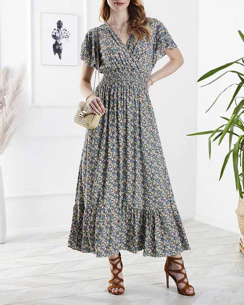 Квіткова жіноча сукня міді зеленого кольору - Одяг