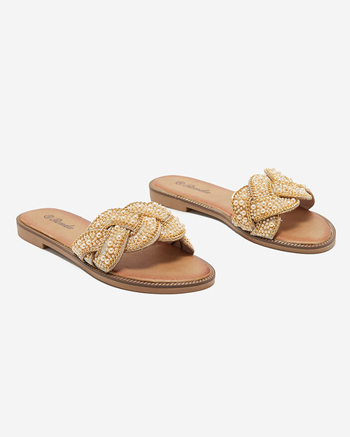 Cetera золоті жіночі тапочки з бісером і перлами - Взуття