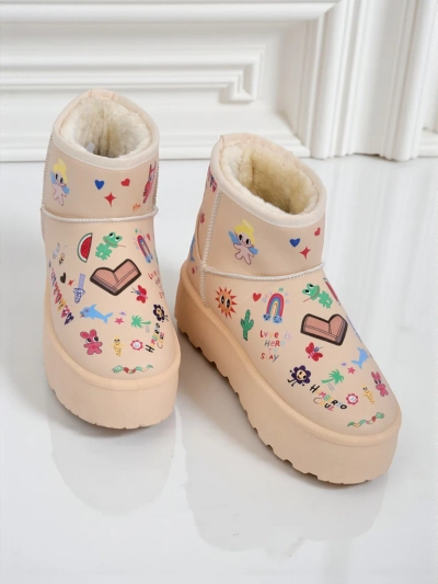 Oteplené boty Callisto Angelico s dětskými kresbami na platformě Beige