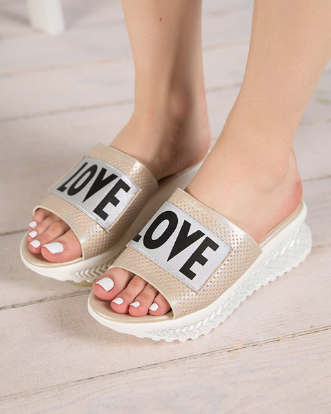 Dámské béžové lesklé pantofle s nápisem Sosha- Footwear