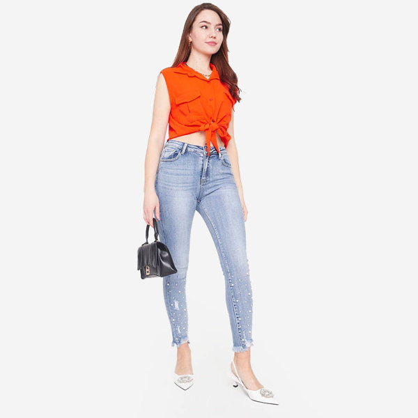 Oranžová crop top halenka se zapínáním na knoflíky - Oblečení