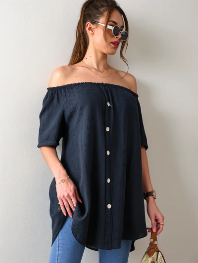 Royalfashion Блуза жіноча з бавовни, натхнена іспанським стилем, з декоративними гудзиками