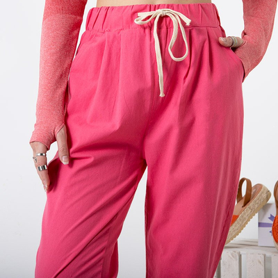 Růžové dámské rovné bavlněné kalhoty PLUS SIZE - Oblečení
