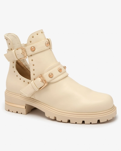 Royalfashion Cream dámské zdobené kozačky Jewel Walk na plochém podpatku