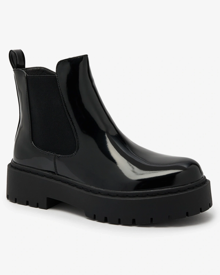 Royalfashion Černé lakované dámské kozačky bez podpatku Glossy Chic