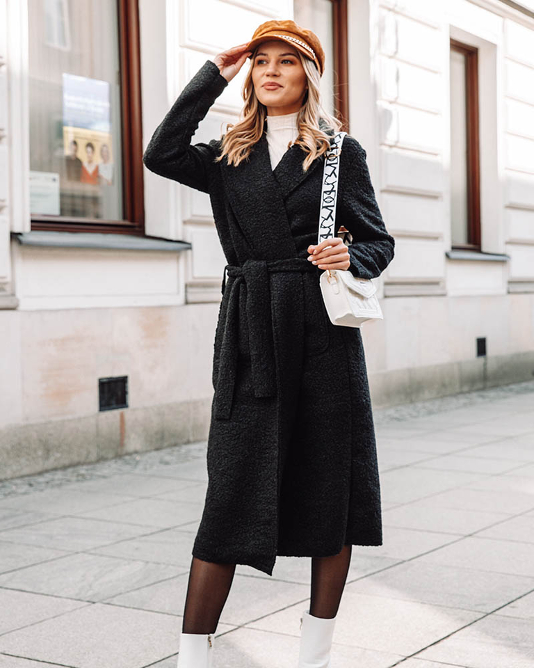 Černý dámský kabát z ovčí kůže ke kotníkům - Oblečení