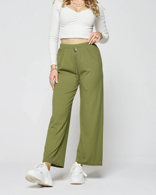 Зелені жіночі широкі брюки в рубчик - Одяг