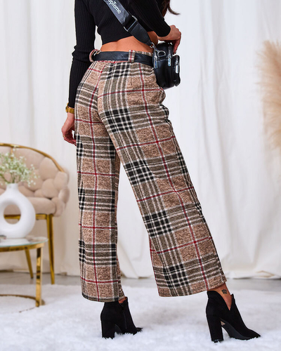 Royalfashion Béžové dámské široké kostkované kalhoty