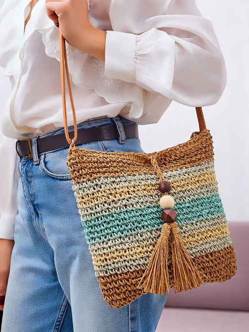 Royalfashion Маленька жіноча солом'яна сумка в смужку з підвіскою Mini