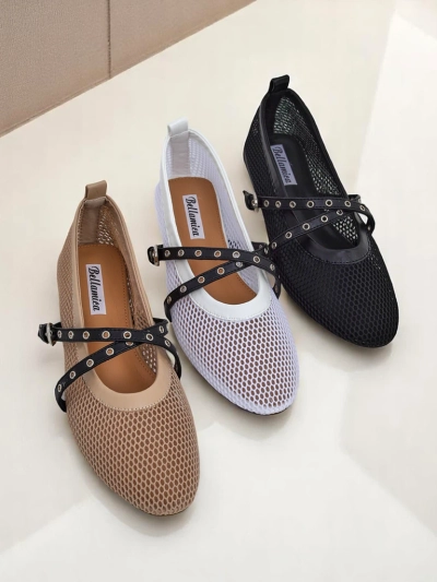 Baleríny Royalfashion Calista Bianca – síťované bílé dámské boty s černými pásky