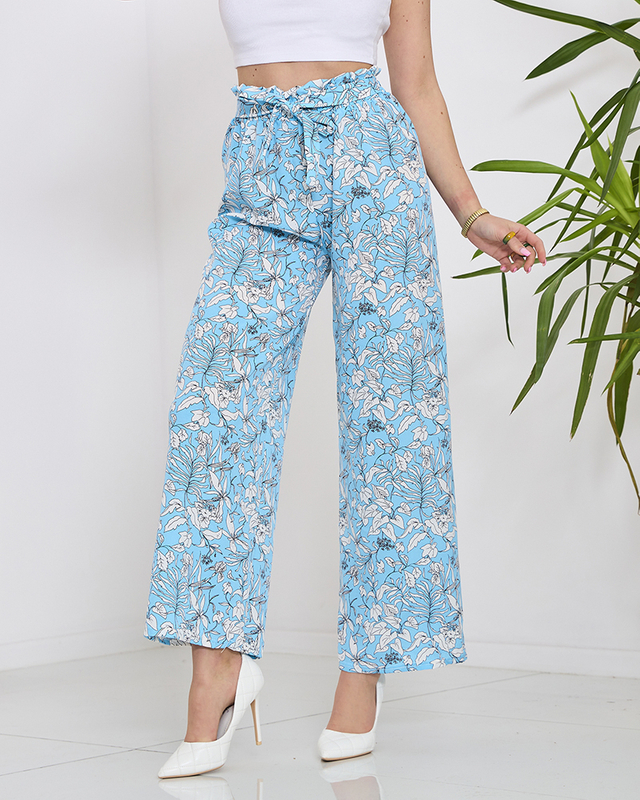 Dámské modré palazzo kalhoty s bílými květy - Oblečení