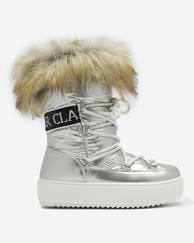 Stříbrné dětské nazouvací boty a'la snow boots s kožíškem Asika - Obuv