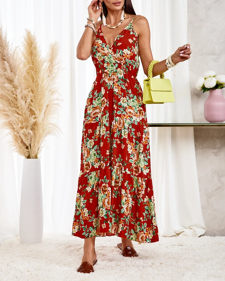 Royalfashion Oranžové dlouhé dámské květované šaty