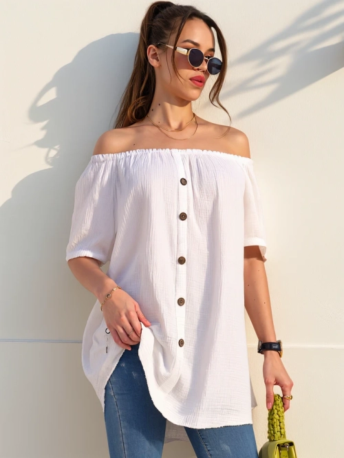 Блузка жіноча з бавовни в іспанському стилі з декоративними ґудзиками