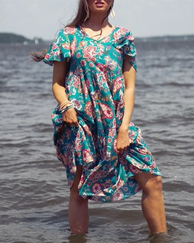 Royalfashion Zelené dámské šaty s barevným květinovým vzorem