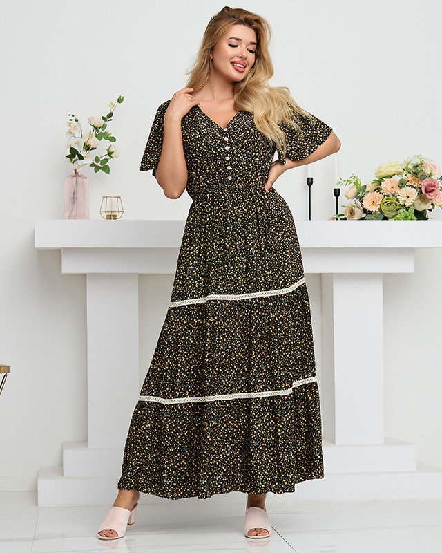 Dámské černé rozevláté květované maxi šaty - Oblečení