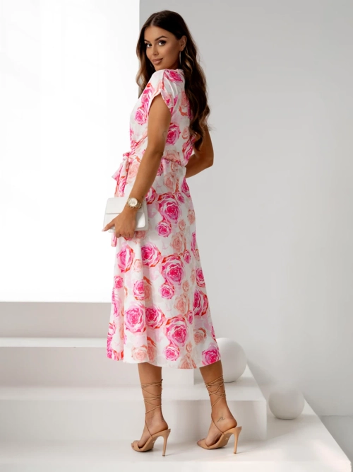 Royalfashion Жіноча міді-сукня з короткими рукавами, із запахом та малюнком троянд