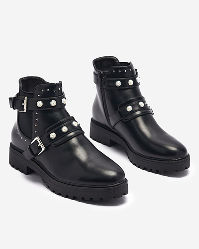 Dámské kotníkové boty z eko kůže s perličkami v černé barvě Saalo- Footwear