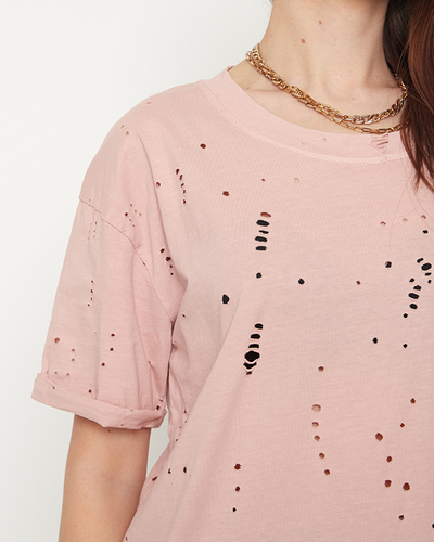 Bavlněné dámské tričko s ozdobnými dírkami v pastelově růžové barvě - Oblečení