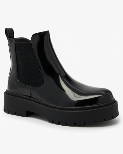 Royalfashion Černé lakované dámské kozačky bez podpatku Glossy Chic