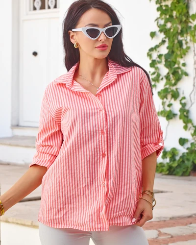 Royalfashion Dámská pruhovaná bavlněná košile s vázankou na spodní části