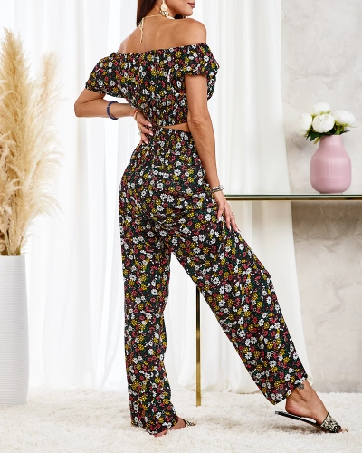 Royalfashion Černý dvoudílný dámský květinový komplet