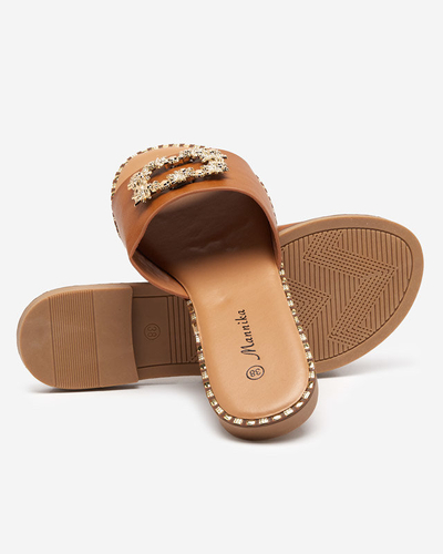 OUTLET Světle hnědé dámské elegantní pantofle se zlatým zdobením Meriso - Footwear