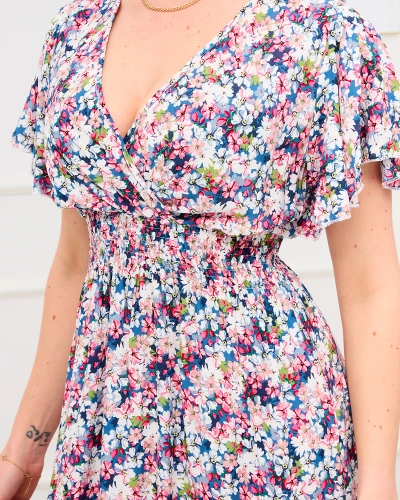 Modro-růžové dámské květované maxi šaty - Oblečení