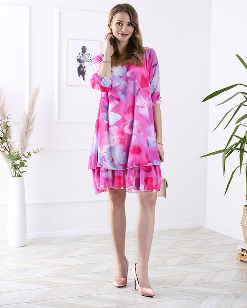 Сукня жіноча до коліна кольору фуксії з принтом і воланом - Одяг
