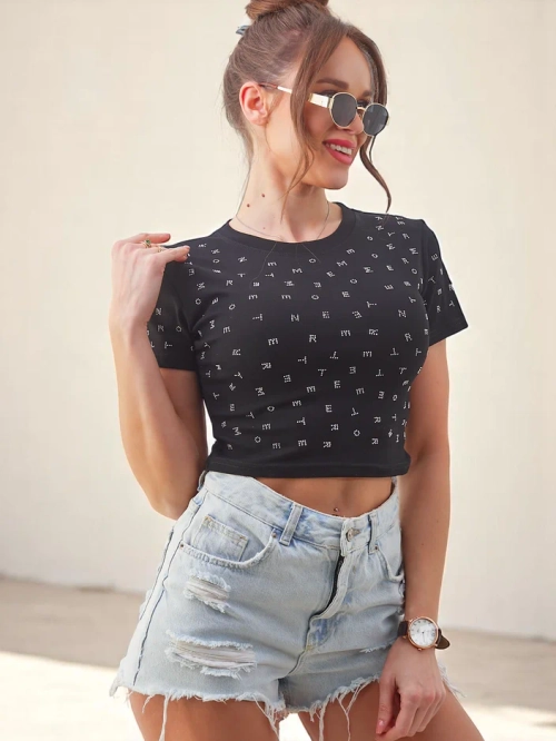 Royalfashion бавовняний жіночий топ-кроп з стразами та літерами