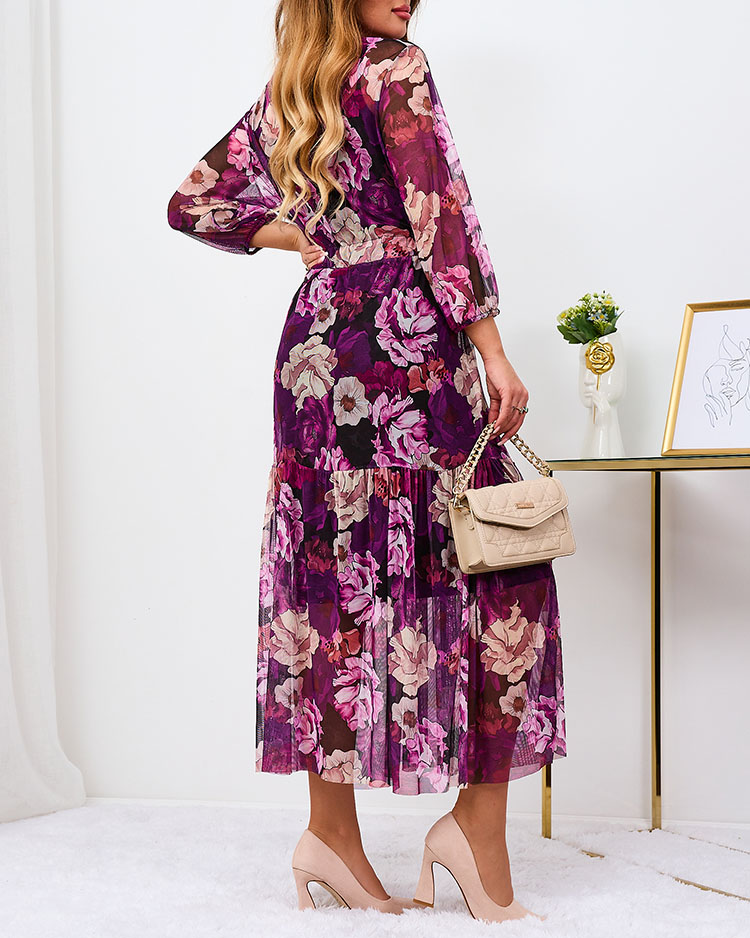 Royalfashion Fialové síťované květované maxi šaty