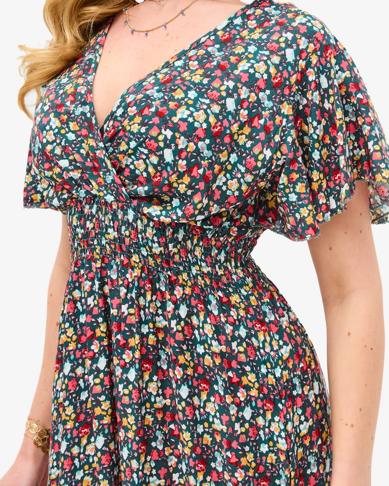 Květinově zelené dámské midi šaty s obálkovým výstřihem - Oblečení