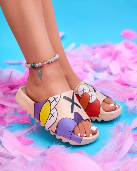 Béžové gumové dámské pantofle s potiskem Pfizz - Obuv