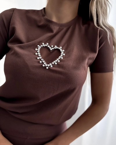 Royalfashion Tmavě hnědá dámská sportovní souprava se srdíčky