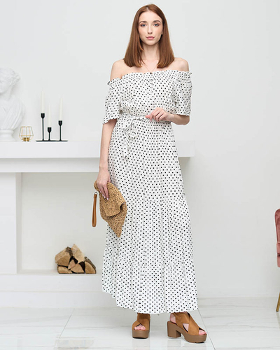 Жіноча біла сукня міді в горошок з відкритою спиною - Одяг