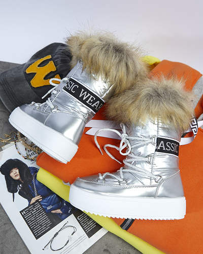 Stříbrné dětské nazouvací boty a'la snow boots s kožíškem Asika - Obuv