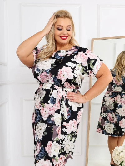 Royalfashion Dámské šaty po kolena s krátkým rukávem a růžovým vázáním
