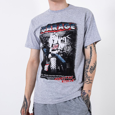 Světle šedé bavlněné tričko pro muže zdobené potiskem a nápisem - Oblečení