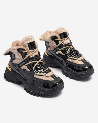 Чорні жіночі спортивні кросівки з хутром та бежевою шнурівкою Adbo- Footwear
