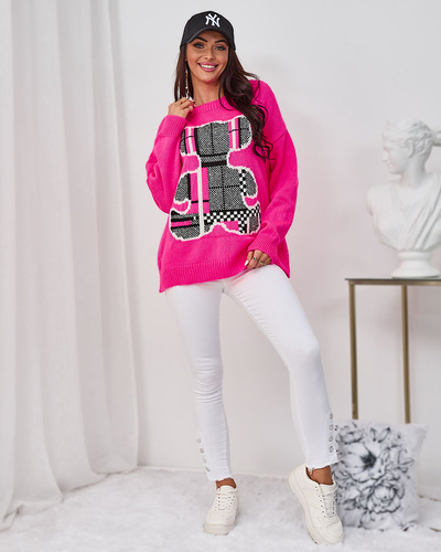 Royalfashion Neonově růžový dámský svetr s medvídkem