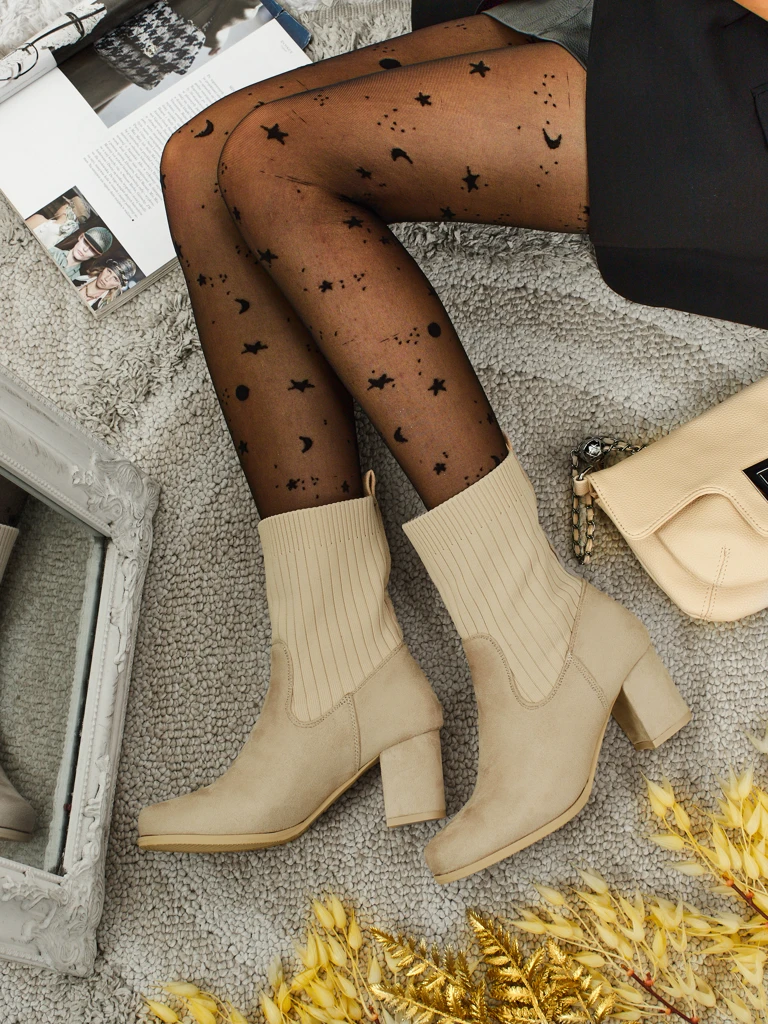 Dámské kotníkové boty eko semišové na sloupku s vsadkou a'la ponožka LumenThorn