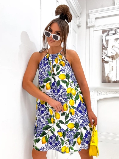 Royalfashion Dámské mini šaty se špagetovými ramínky a páskem v pase s motivem moderních citronů