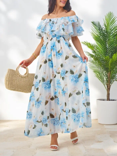 Royalfashion Жіноча сукня з відкритими плечима та короткими рукавами в різних квітах