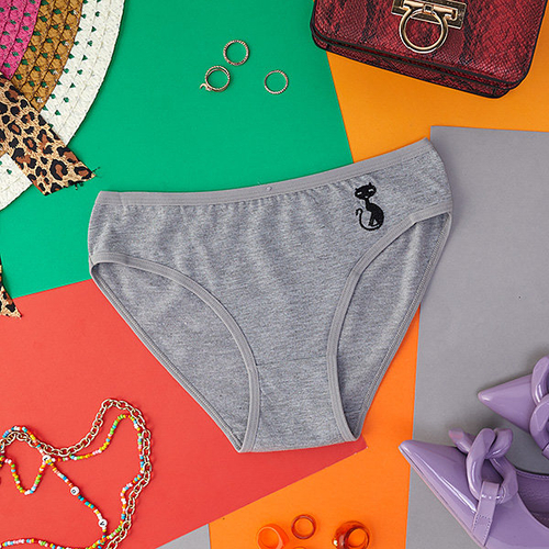 Сірі бавовняні жіночі трусики з вишитим котом - Нижня білизна