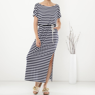 Dámské tmavě modré pruhované maxi šaty - Oblečení