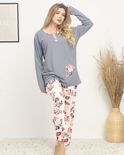 Šedé dámské pyžamo s květinovým potiskem PLUS SIZE - Oblečení